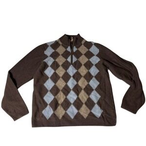Transcript 100% Cashmere Argyle Quarter Zip Sweater Brown Blue Luxury‎ Pullover